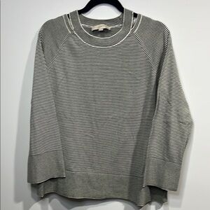LOFT Cotton Striped Oversized Wide Sleeve cut out Green & white knit top